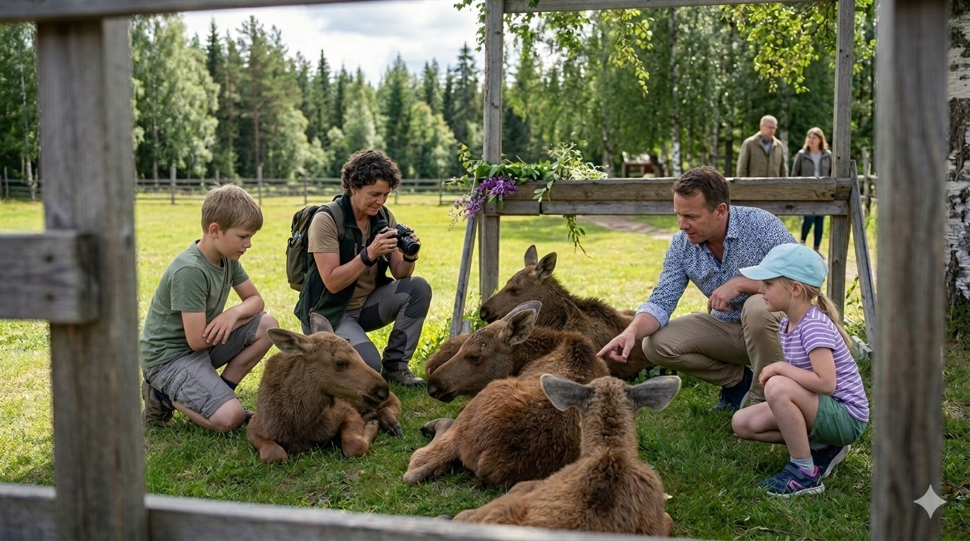 Älgkalvar i hage på Älgens Hus i Bjurholm i Västerbotten