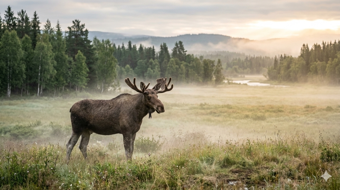 Älg i morgondimma på äng nära Vindelälven i Västerbotten nära Wallhalla Bed & Breakfast